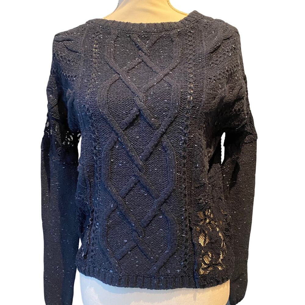 Hollister Size Large crop sweater Fairy Femme Cozy Navy Cable Knit and Lace